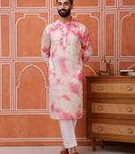 Men pink embroidered viscose blend tie-dye kurta with mirror buti