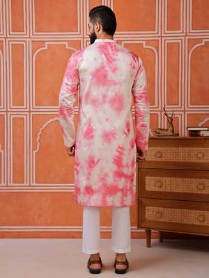Men pink embroidered viscose blend tie-dye kurta with mirror buti 2