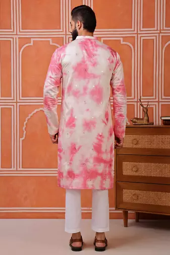 Men pink embroidered viscose blend tie-dye kurta with mirror buti