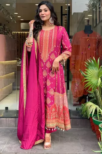 Royal Magenta Printed Anarkali Set with Schiffli Work & Tassel Detailing