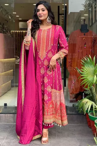 Royal Magenta Printed Anarkali Set with Schiffli Work & Tassel Detailing