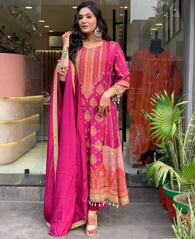 Royal Magenta Printed Anarkali Set with Schiffli Work & Tassel Detailing