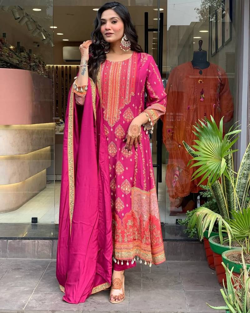 Royal Magenta Printed Anarkali Set with Schiffli Work & Tassel Detailing