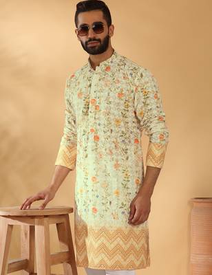 Cotton embroidered sequin chikan floral print thread work yellow beige kurta 1