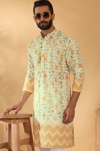 Cotton embroidered sequin chikan floral print thread work yellow beige kurta