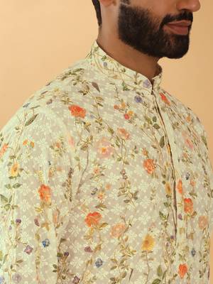 Cotton embroidered sequin chikan floral print thread work yellow beige kurta 2