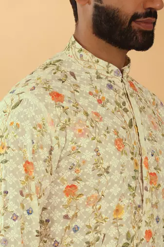 Cotton embroidered sequin chikan floral print thread work yellow beige kurta