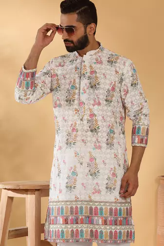 Cotton embroidered sequin chikan floral print thread work multicolor kurta