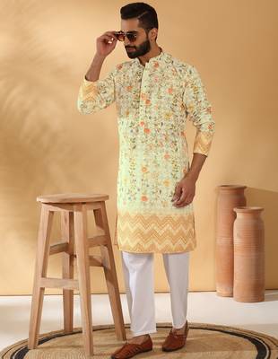 Cotton embroidered sequin chikan floral print thread work yellow beige kurta 3