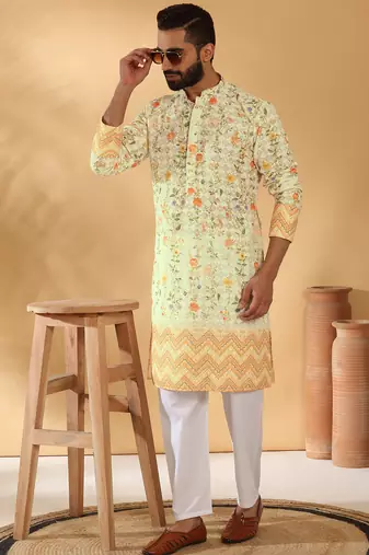Cotton embroidered sequin chikan floral print thread work yellow beige kurta