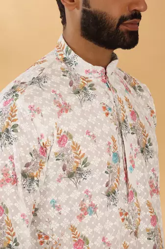 Cotton embroidered sequin chikan floral print thread work multicolor kurta