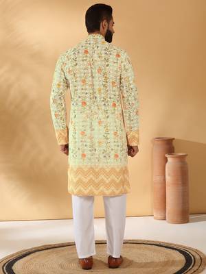 Cotton embroidered sequin chikan floral print thread work yellow beige kurta 4