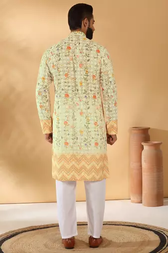 Cotton embroidered sequin chikan floral print thread work yellow beige kurta