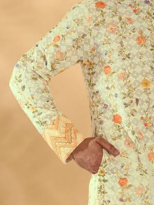 Cotton embroidered sequin chikan floral print thread work yellow beige kurta 5