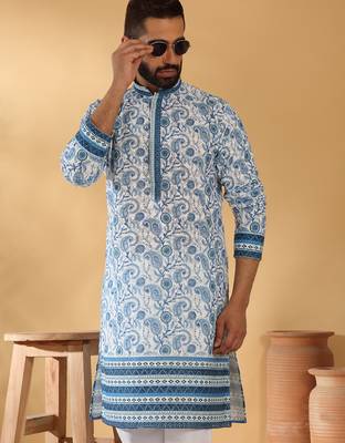 Cotton embroidered sequin chikan floral print thread work navy blue kurta 1
