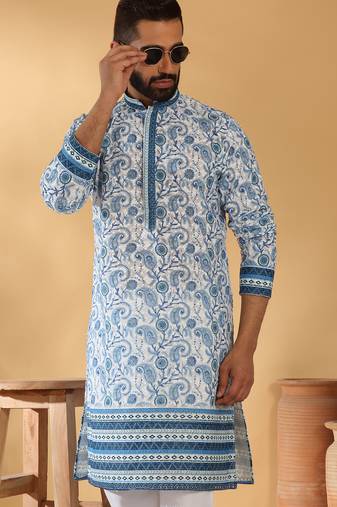 Cotton embroidered sequin chikan floral print thread work navy blue kurta