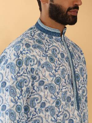 Cotton embroidered sequin chikan floral print thread work navy blue kurta 3