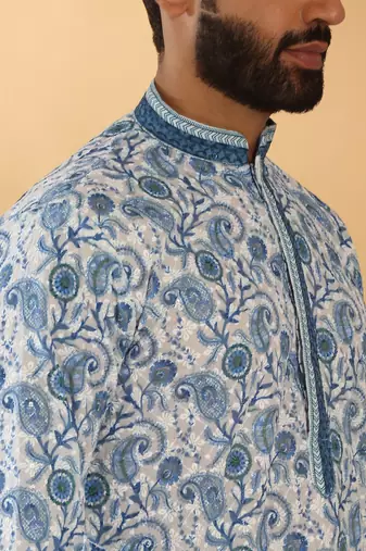 Cotton embroidered sequin chikan floral print thread work navy blue kurta