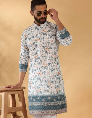 Cotton embroidered sequin chikan floral print thread work white kurta 1