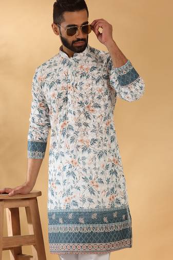 Cotton embroidered sequin chikan floral print thread work white kurta