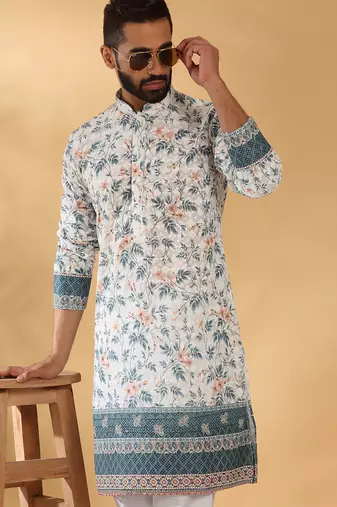 Cotton embroidered sequin chikan floral print thread work white kurta