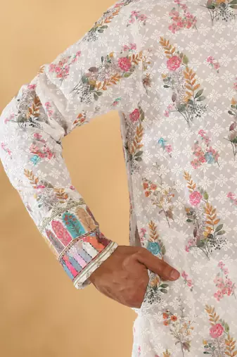 Cotton embroidered sequin chikan floral print thread work multicolor kurta