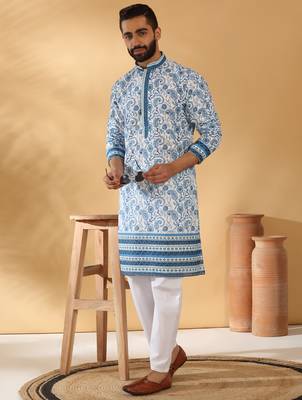 Cotton embroidered sequin chikan floral print thread work navy blue kurta 4