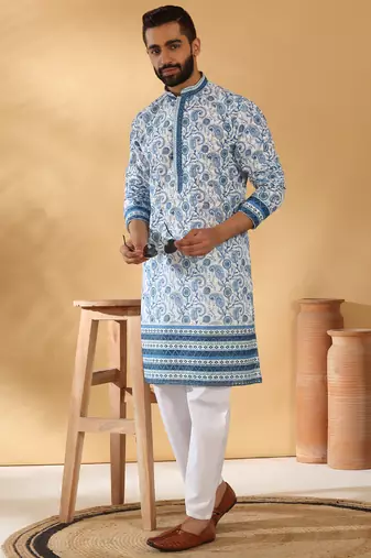 Cotton embroidered sequin chikan floral print thread work navy blue kurta