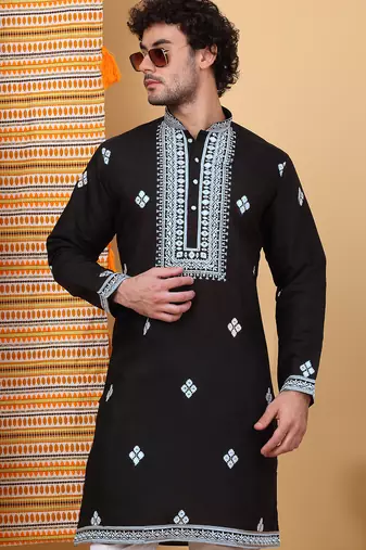 Cotton silk yoke design embroidered sequin cream kurta