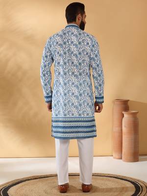 Cotton embroidered sequin chikan floral print thread work navy blue kurta 5