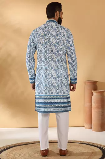 Cotton embroidered sequin chikan floral print thread work navy blue kurta