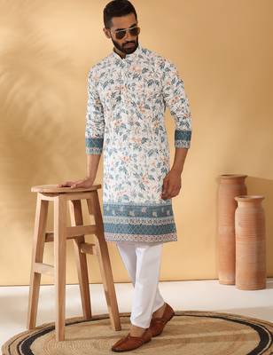 Cotton embroidered sequin chikan floral print thread work white kurta 3