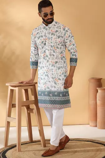 Cotton embroidered sequin chikan floral print thread work white kurta