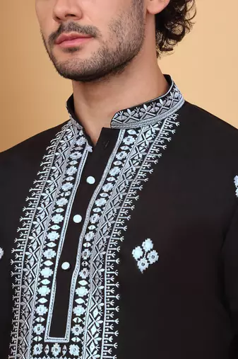 Cotton silk yoke design embroidered sequin cream kurta