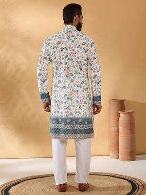 Cotton embroidered sequin chikan floral print thread work white kurta 4