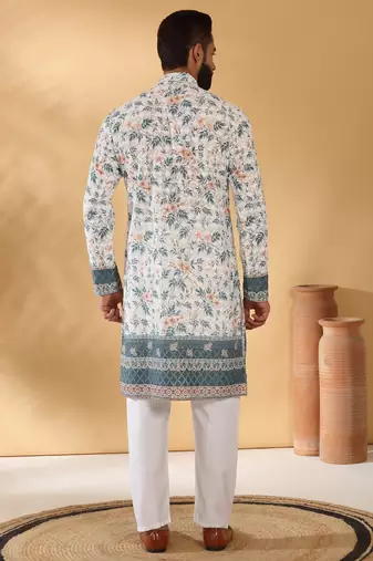 Cotton embroidered sequin chikan floral print thread work white kurta
