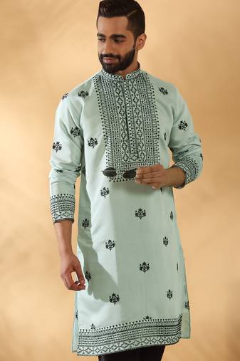 Cotton silk yoke design embroidered sequin blue kurta