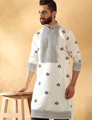 Cotton silk yoke design embroidered sequin cream kurta 1