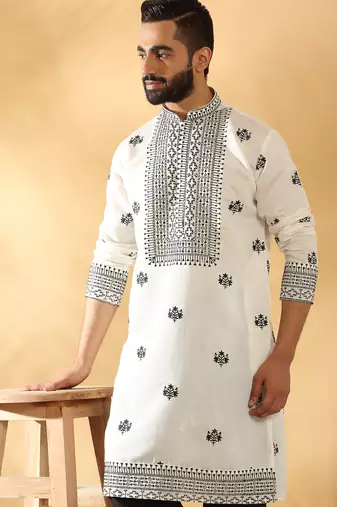 Cotton silk yoke design embroidered sequin cream kurta