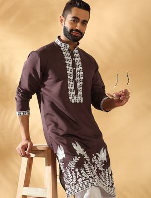 Cotton silk embroidered sequin work Brown kurta 1