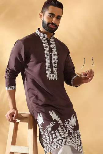 Cotton silk embroidered sequin work Brown kurta