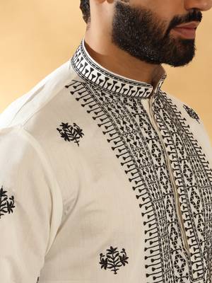 Cotton silk yoke design embroidered sequin cream kurta 3