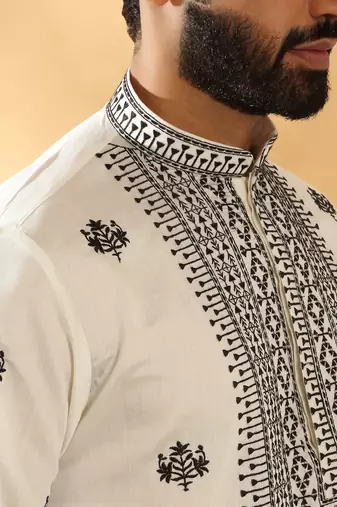 Cotton silk yoke design embroidered sequin cream kurta