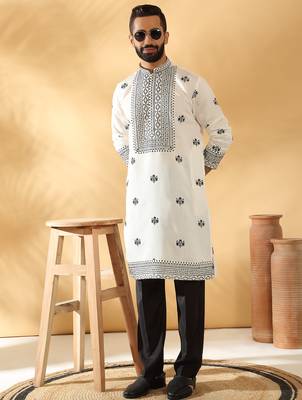 Cotton silk yoke design embroidered sequin cream kurta 4