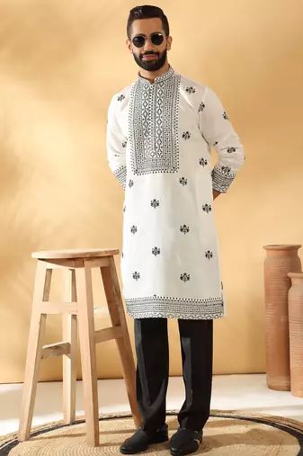 Cotton silk yoke design embroidered sequin cream kurta