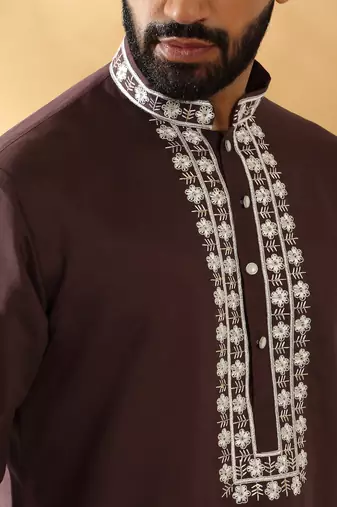 Cotton silk embroidered sequin work Brown kurta
