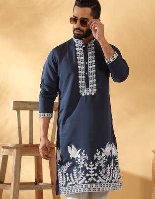 Cotton silk embroidered sequin work blue kurta 1