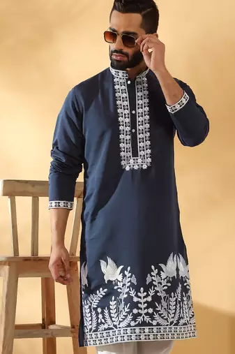 Cotton silk embroidered sequin work blue kurta