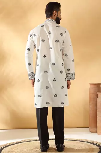 Cotton silk yoke design embroidered sequin cream kurta