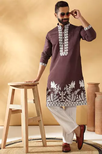 Cotton silk embroidered sequin work Brown kurta